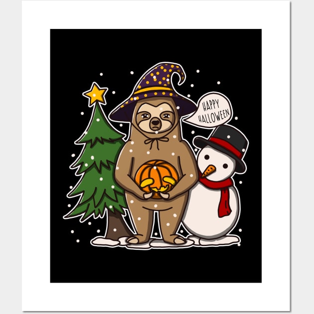 Funny Sloth Celebrates Halloween But On Christmas Wall Art by Luna Illustration